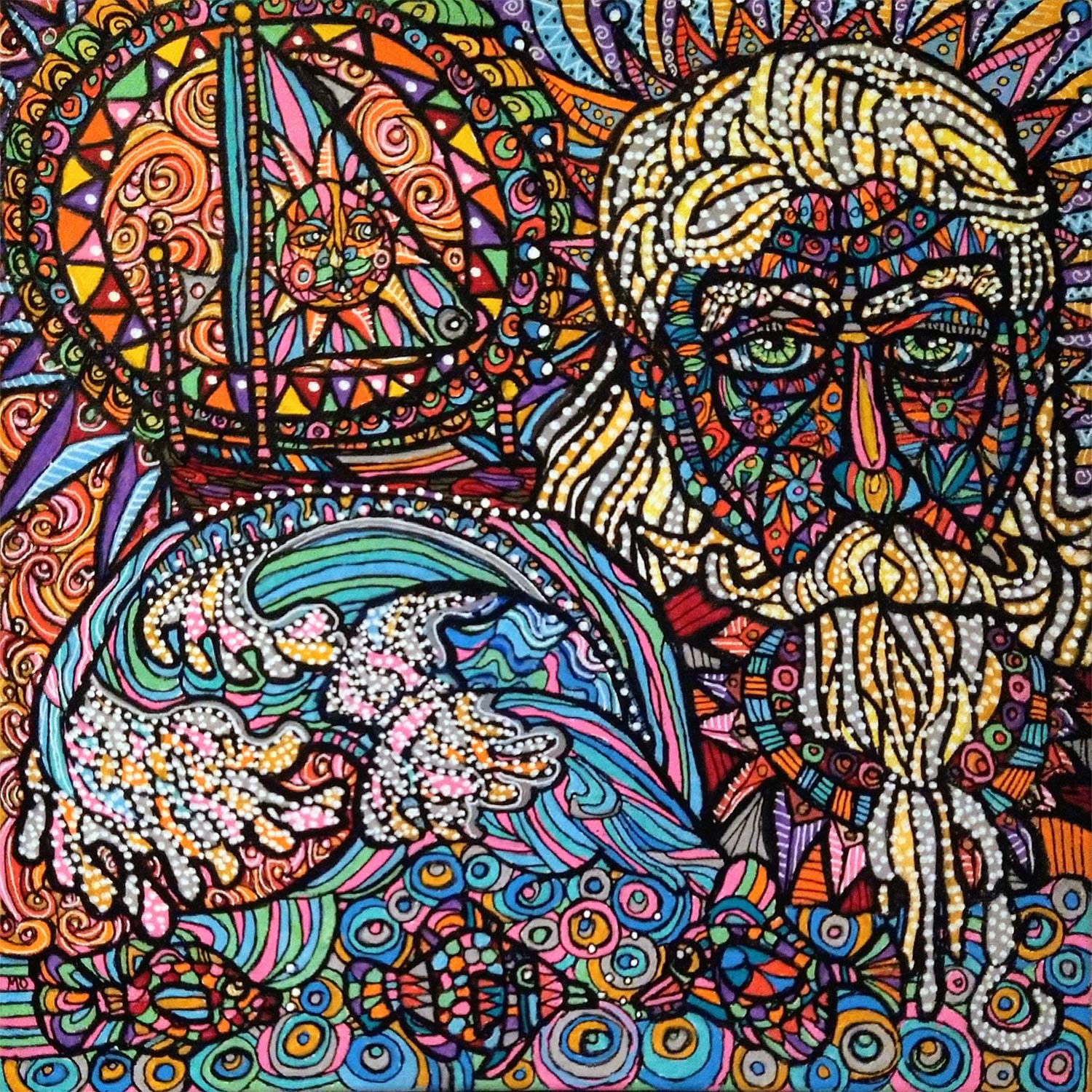 A painting of the face of an old, bearded man next to a sailboar on an ocean wave done with acrylic markers