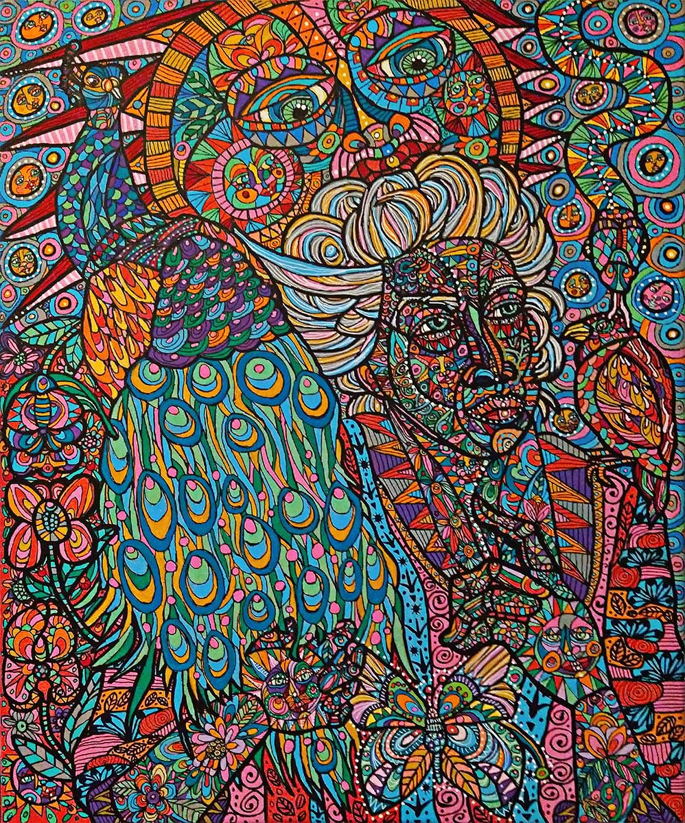 a painting of a woman holding a peacock with the sun behind her done with acrylic markers